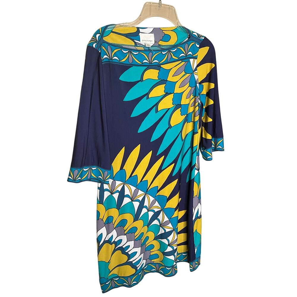 Donna Morgan Shift Dress ¾ Feather Print Sleeve Blue/Multi Womens Size 10 NEW